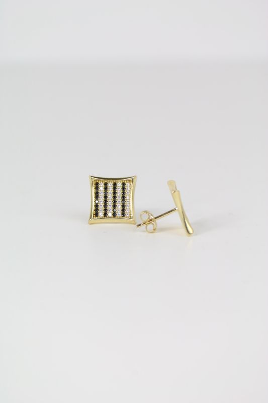14K Gold Square Stud Earrings with Black & White Cubic Zirconia