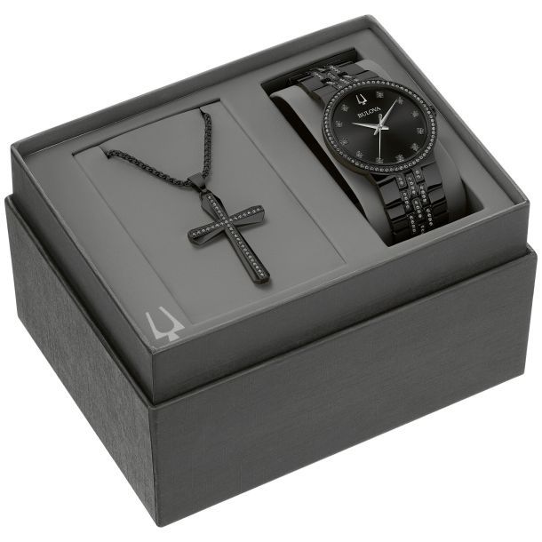 Bulova Classic Box Set – Crystal Accent Black Dial & Black Stainless Steel Bracelet Watch and Necklace Set (40mm) Bulova Classic Box Set – Crystal Accent Black Dial & Black Stainless Steel Bracelet Watch and Necklace Set (40mm)