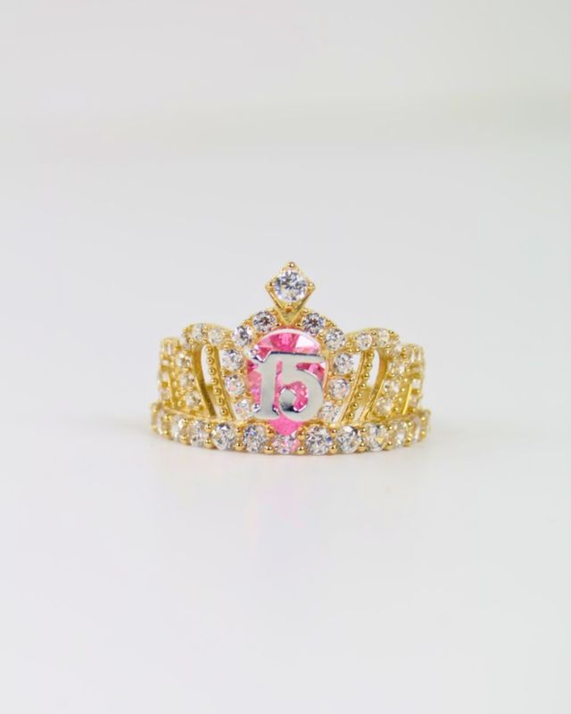 14K Sweet 15 Crown Ring with Pink & White CZ