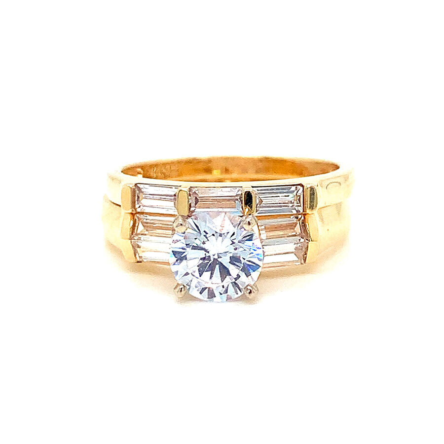14K Yellow Gold round center and baguette on shoulders