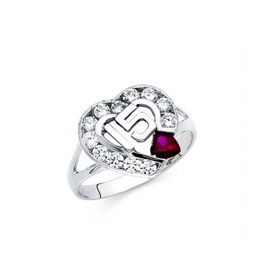 14K Ring  White Gold High Polish Sweet 15 Hearts Within Hearts Pink/White