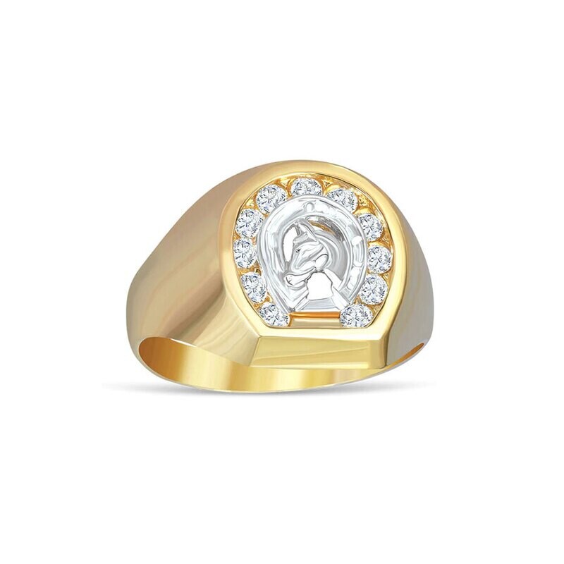 14k Yellow Horse Shoe White Cz men Ring