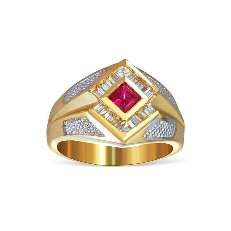 14k Yellow Gold Red-white CZ Men Ring Romboid Shape