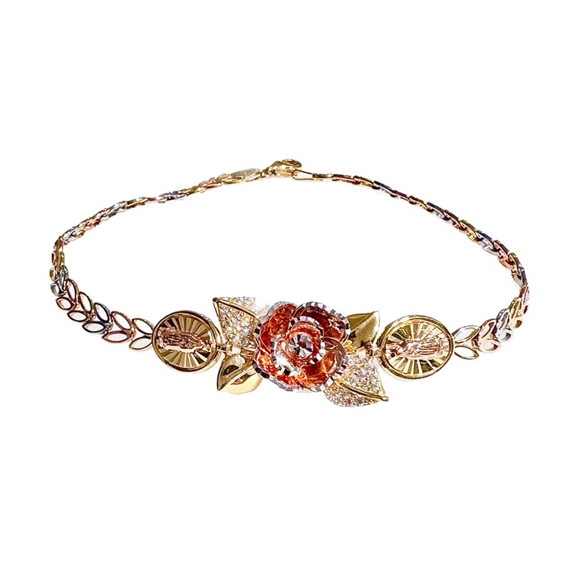 14k 3 color Gold Rose / Virgin Mary Bracelete