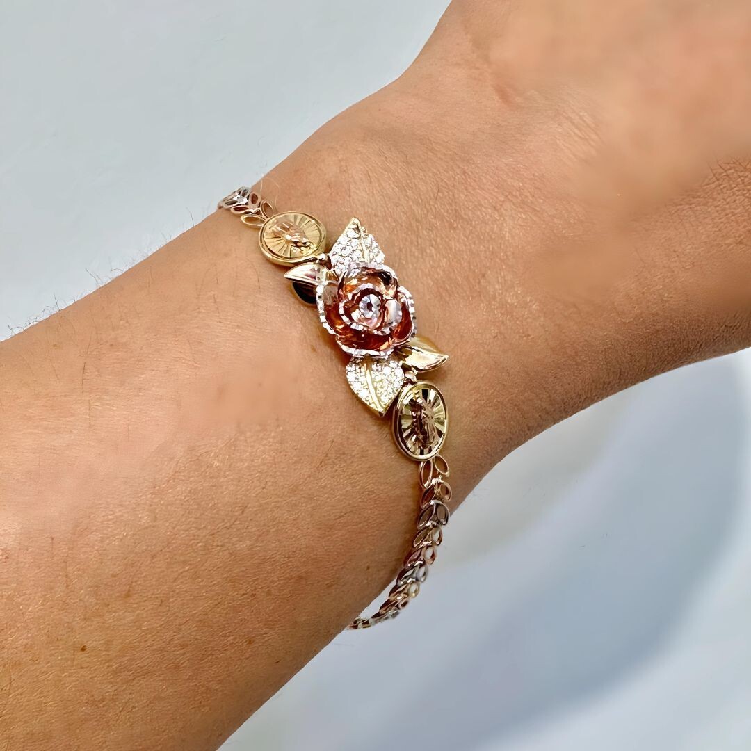 14k 3 color Gold Rose / Virgin Mary Bracelete