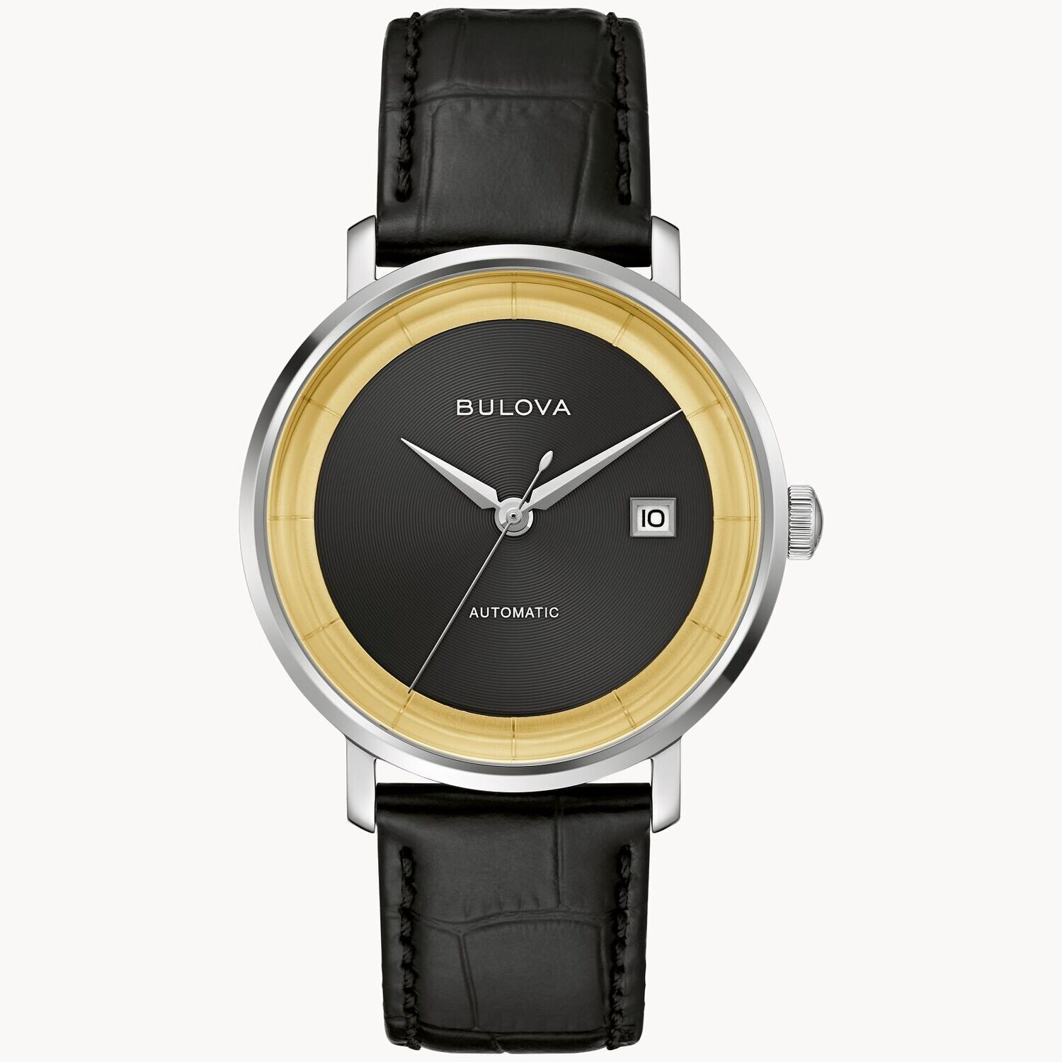 BULOVA Elegant high polish finish leather black band watch automatic black dial black background, silver hand golden ring around. Limited edition. 96B406# BULOVA Elegant high polish finish leather black band watch automatic black dial black background, silver hand golden ring around. Limited edition. 96B406#