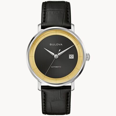 BULOVA Elegant high polish finish leather black band watch automatic black dial black background, silver hand golden ring around. Limited edition. 96B406# BULOVA Elegant high polish finish leather black band watch automatic black dial black background, silver hand golden ring around. Limited edition. 96B406#
