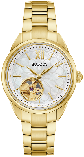 BULOVA elegant high polish finish stainless steel yellow band watch automatic white dial gold-tone 97L172# BULOVA elegant high polish finish stainless steel yellow band watch automatic white dial gold-tone 97L172#