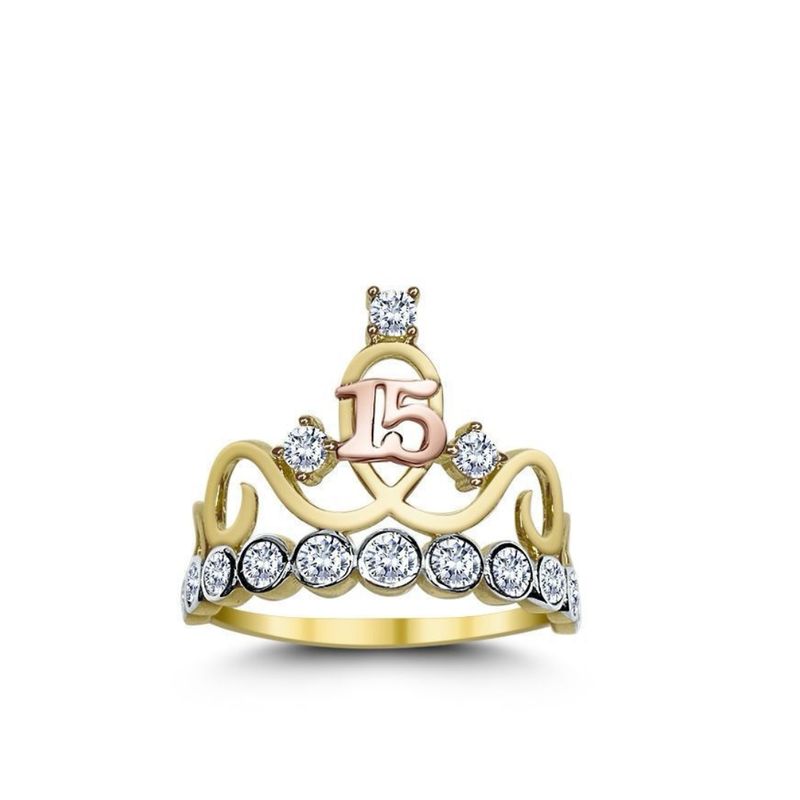 14k Yellow Gold Sweet 15 Crown Ring with cz
