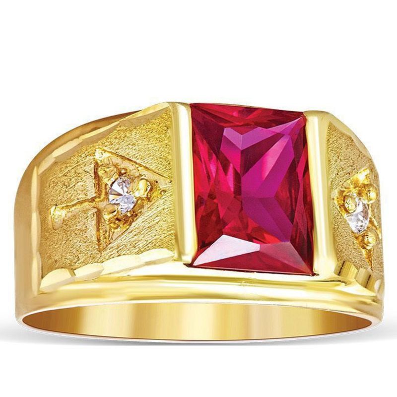 14k Yellow Gold Red  Square CZ-2 White Cz Men Ring