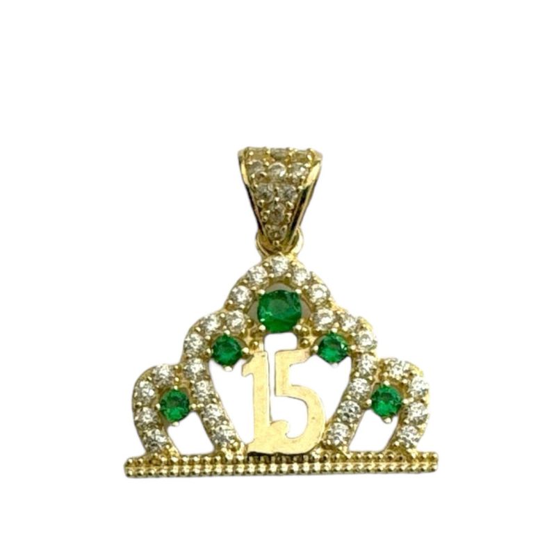 14k Yellow Gold Sweet 15 Crown Pendant with Green CZ Stones