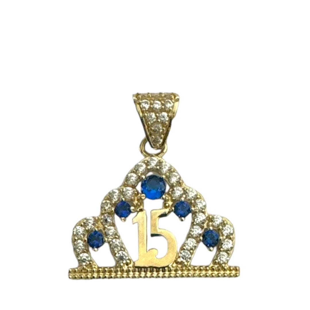 14k Yellow Gold Sweet 15 Crown Pendant with Blue CZ Stones 14k Yellow Gold Sweet 15 Crown Pendant with Blue CZ Stones