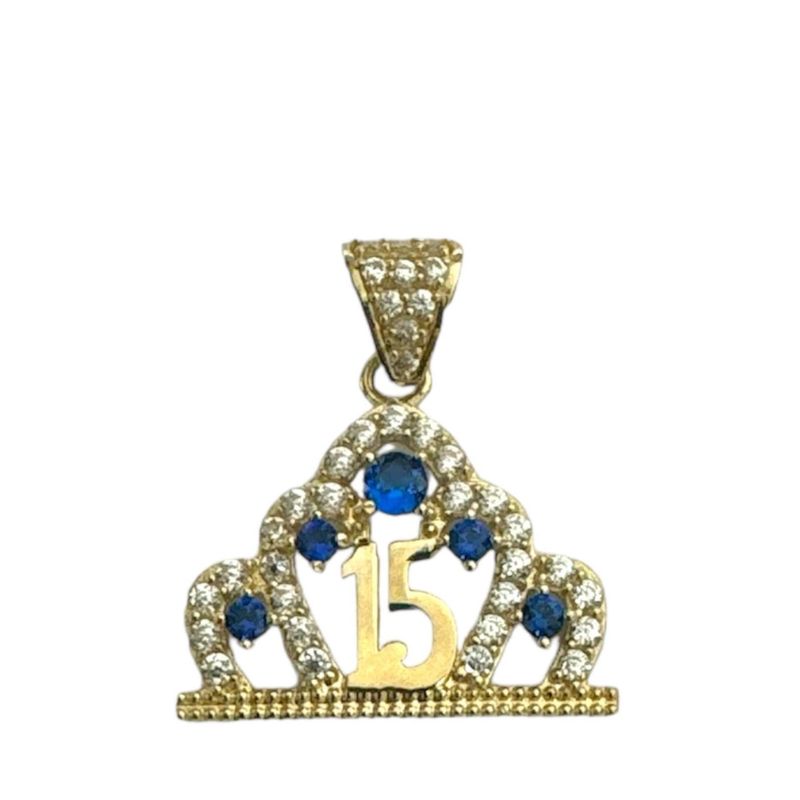 14k Yellow Gold Sweet 15 Crown Pendant with Blue CZ Stones