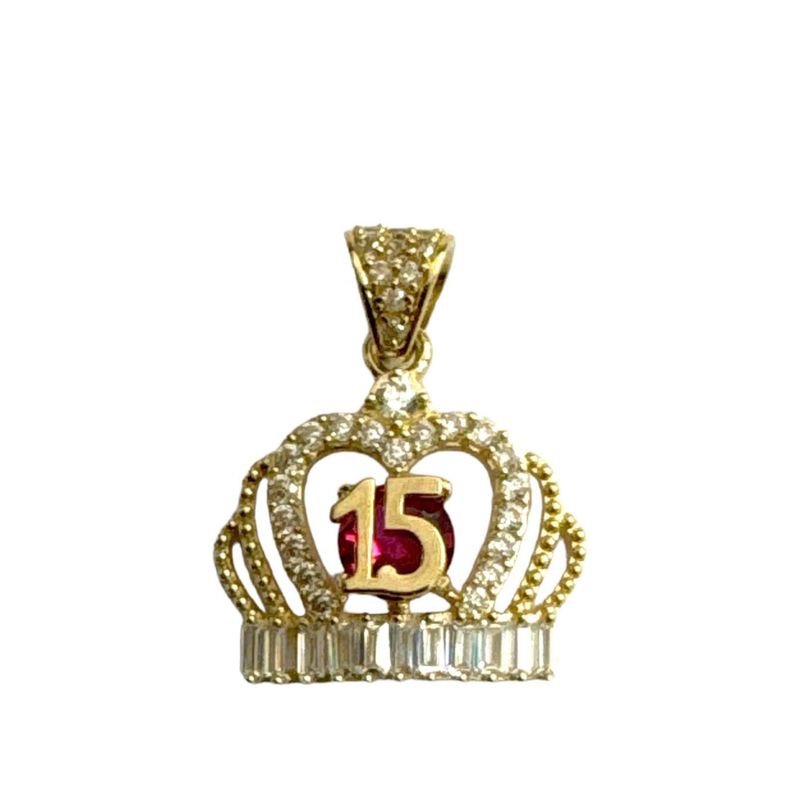 14k Yellow Gold Sweet 15 Crown Pendant with Ruby Red CZ Stones