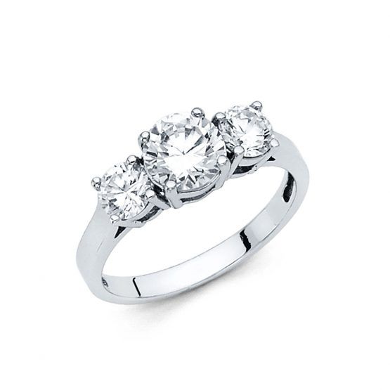 14k White Gold CZ Engagement Ring with Sleek Band & Twin Accent Stones