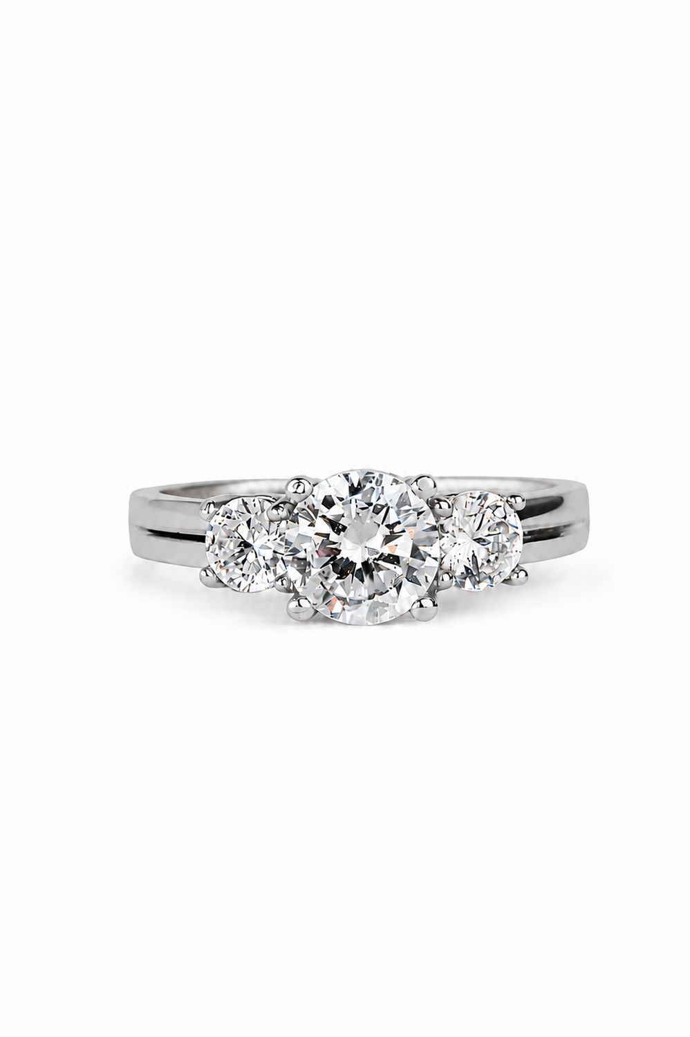 14k White Gold CZ Engagement Ring with Sleek Band & Twin Accent Stones