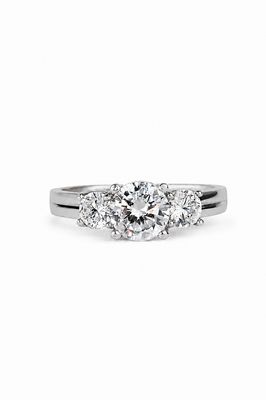 14k White Gold CZ Engagement Ring with Sleek Band & Twin Accent Stones