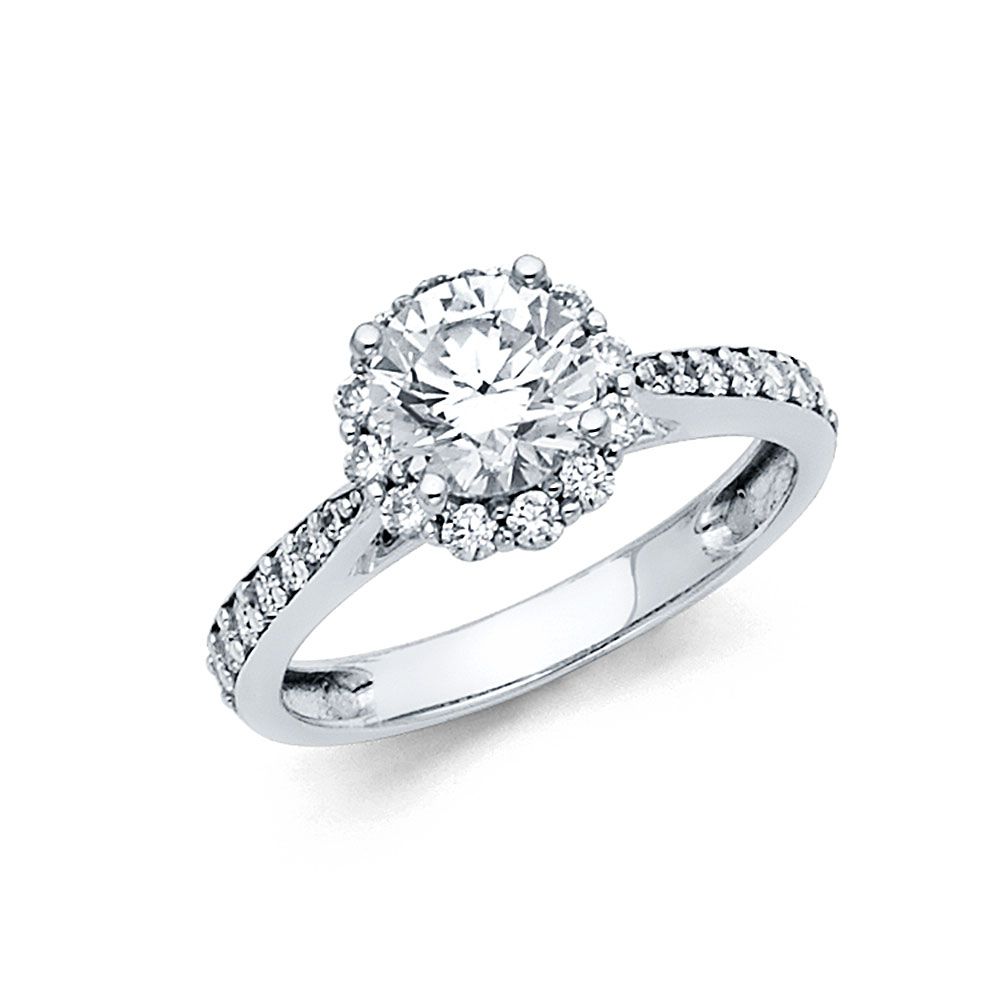 14K White Gold Halo CZ Engagement Ring with Pave Shoulder Accents