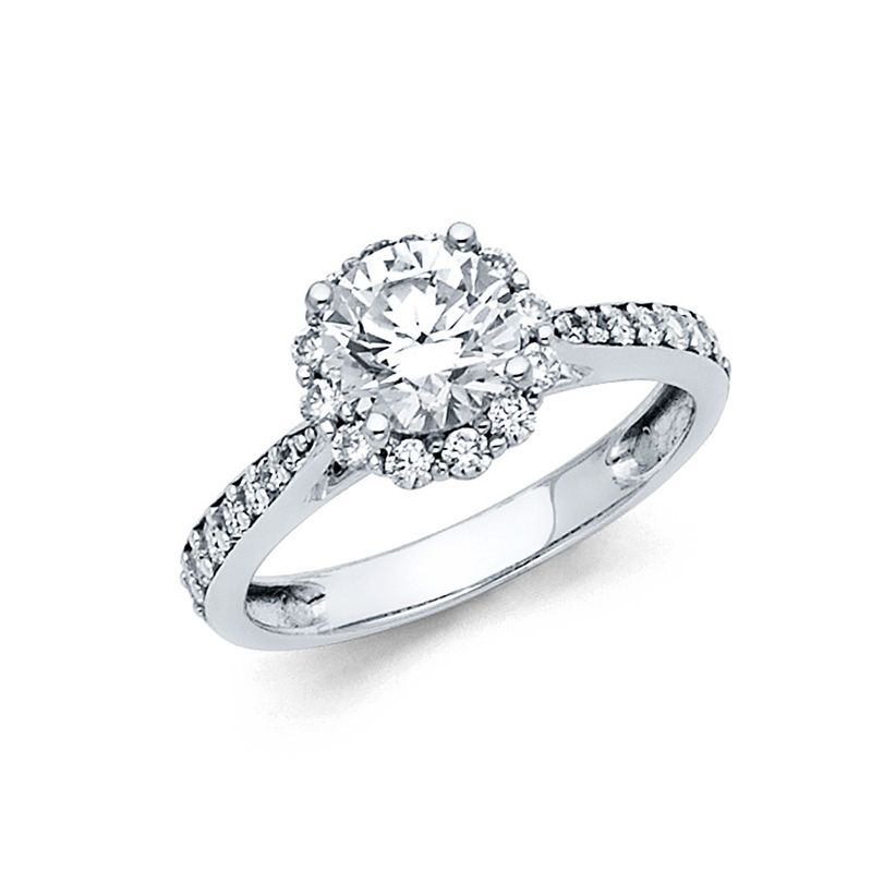 14K White Gold Halo CZ Engagement Ring with Pave Shoulder Accents