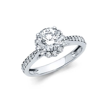 14K White Gold Halo CZ Engagement Ring with Pave Shoulder Accents 14K White Gold Halo CZ Engagement Ring with Pave Shoulder Accents