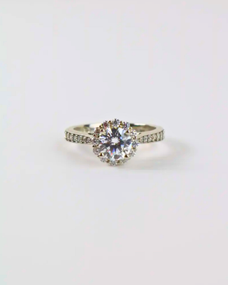 14K White Gold Halo CZ Engagement Ring with Pave Shoulder Accents