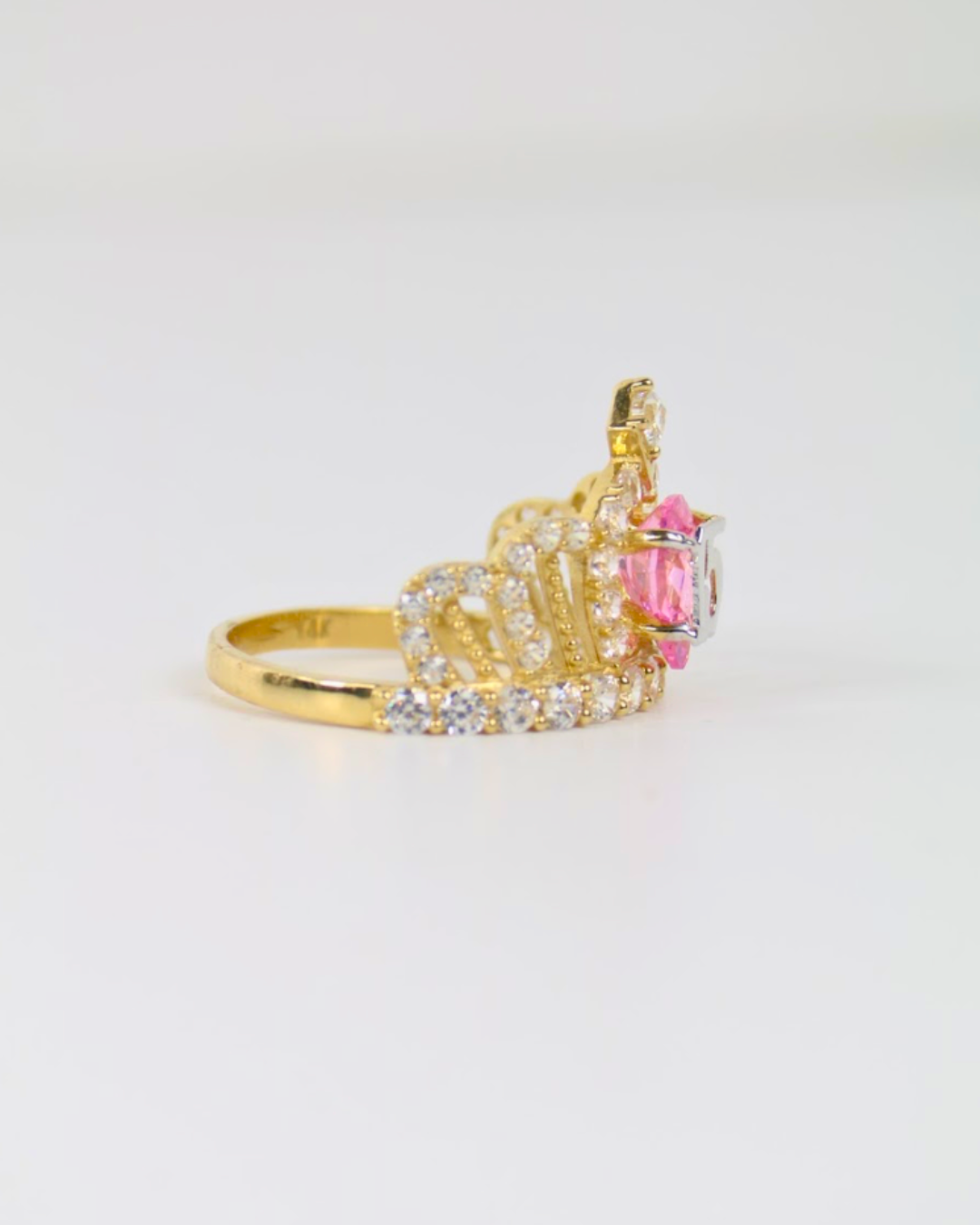 14K Sweet 15 Crown Ring with Pink & White CZ