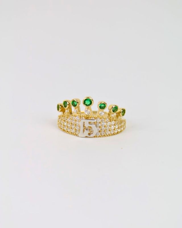 14K Yellow Gold Sweet 15 Crown Ring with Green