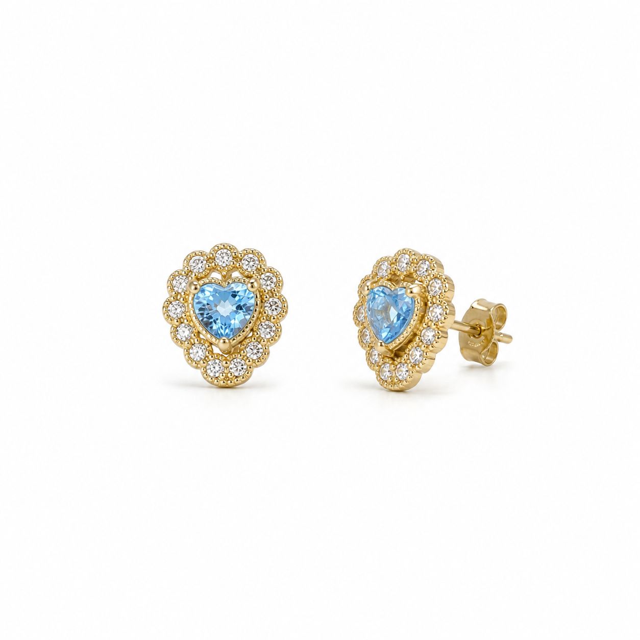 14K Gold Heart-Shaped Blue Topaz Halo Stud Earrings