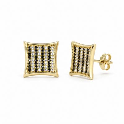 14K Gold Square Stud Earrings with Black & White Cubic Zirconia