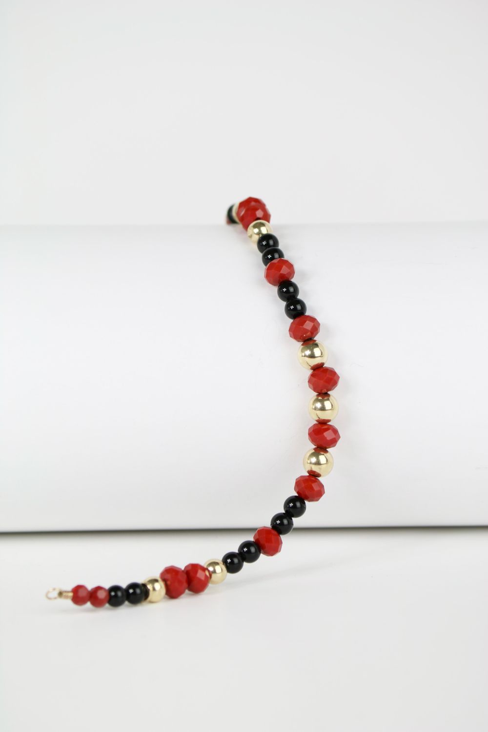14K Gold Beaded Bracelet with Red and Black Stones