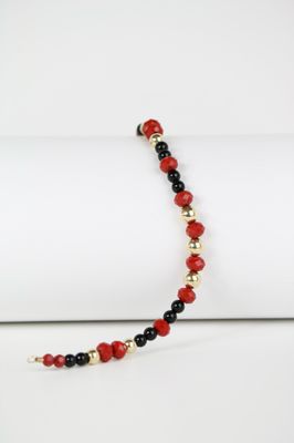 14K Gold Beaded Bracelet with Red and Black Stones