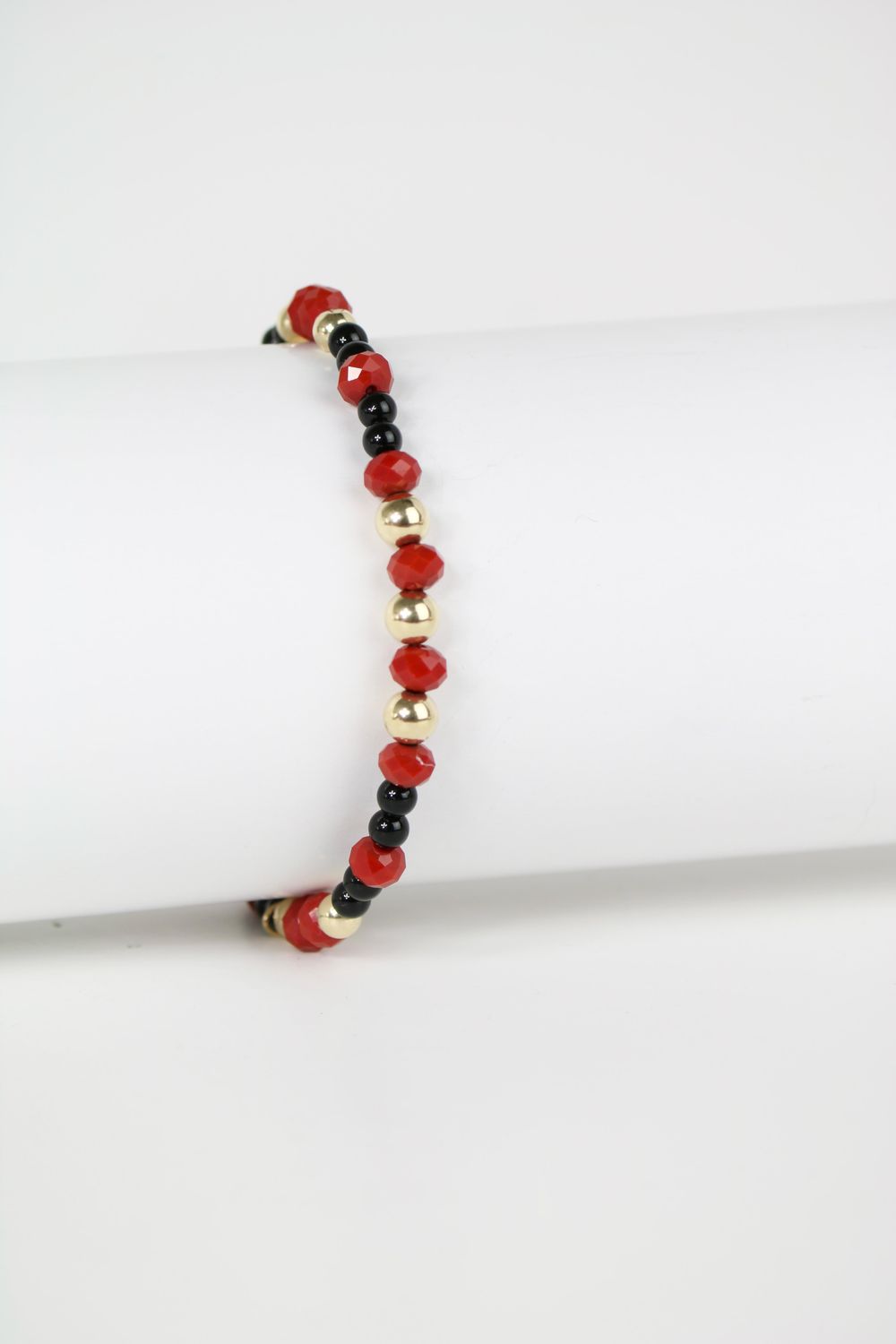 14K Gold Beaded Bracelet with Red and Black Stones