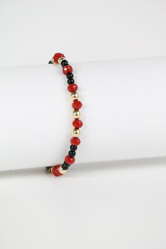 14K Gold Beaded Bracelet with Red and Black Stones