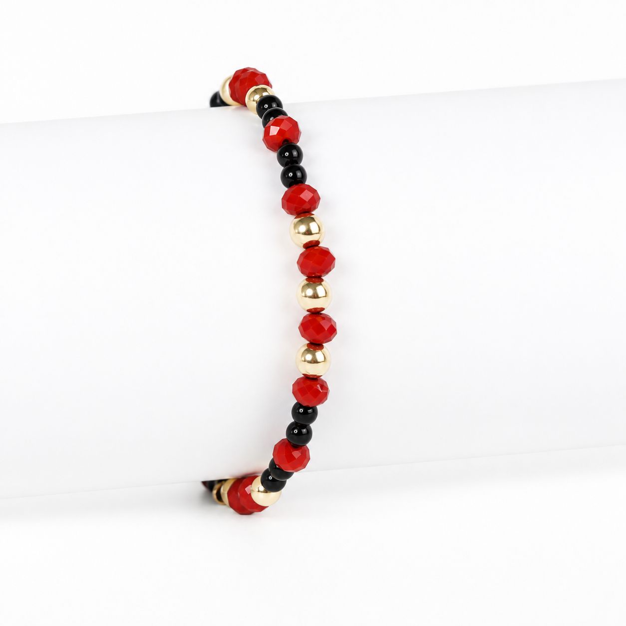 14K Gold Beaded Bracelet with Red and Black Stones