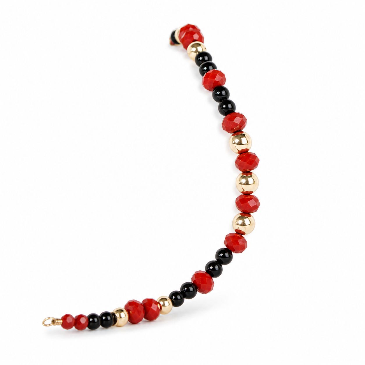 14K Gold Beaded Bracelet with Red and Black Stones