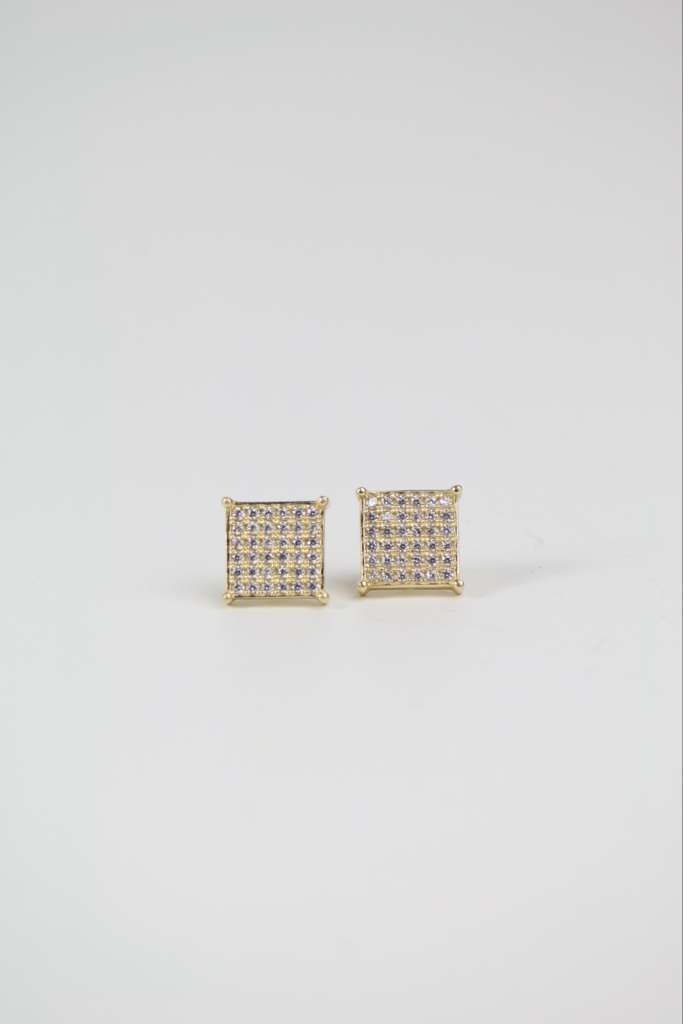 14K Gold Square Stud Earrings with Cubic Zirconia Accents