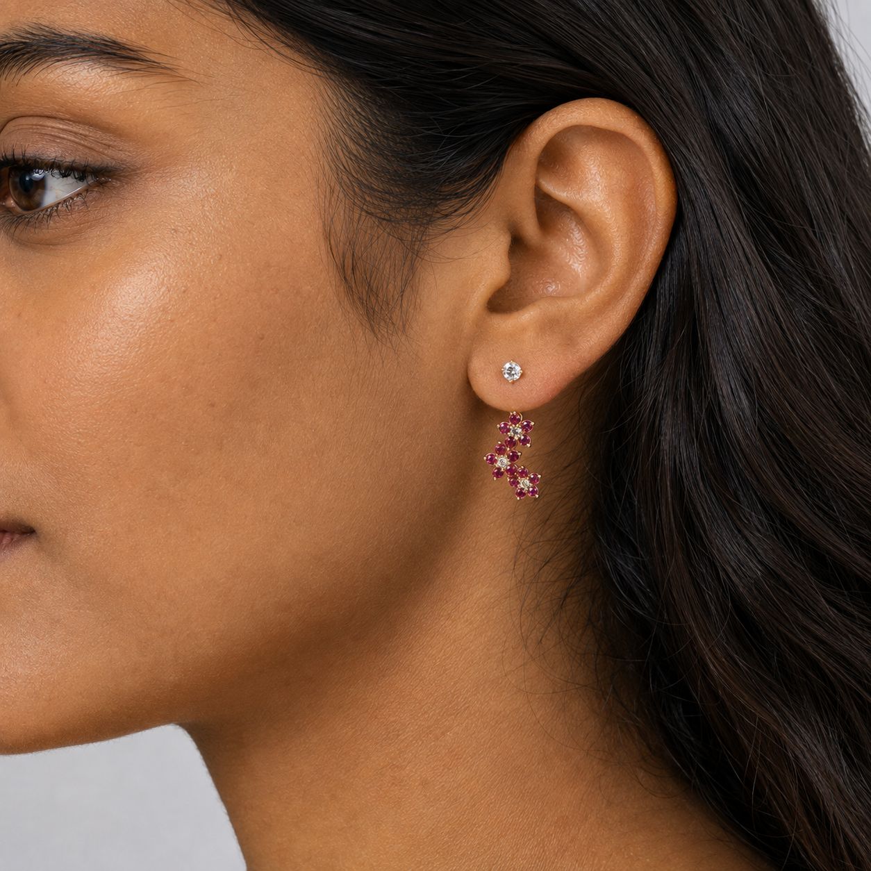 14K Gold Telephone Earrings with Red & White Cubic Zirconia