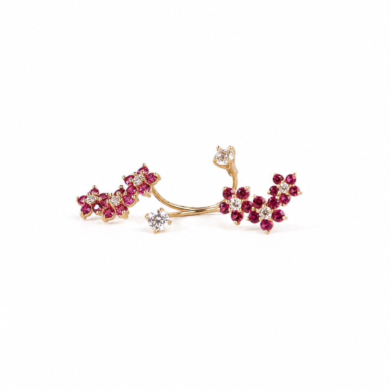 14K Gold Telephone Earrings with Red & White Cubic Zirconia