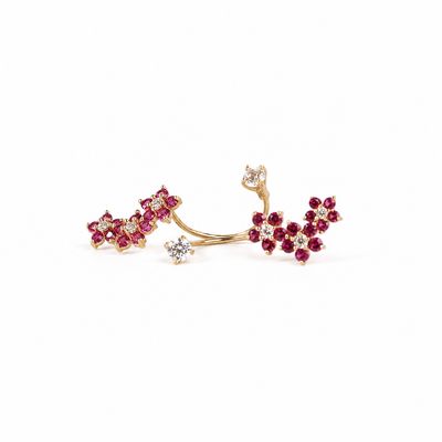 14K Gold Telephone Earrings with Red & White Cubic Zirconia