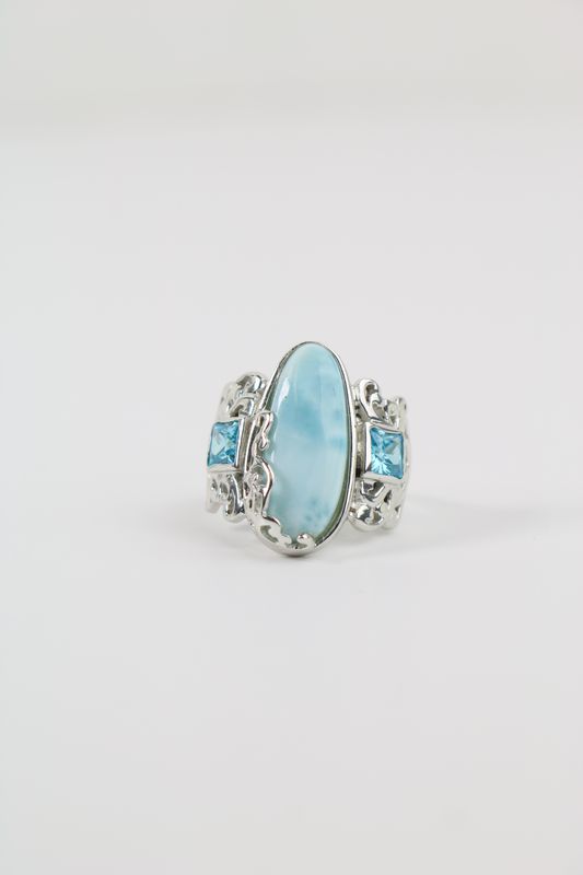 Azure Majesty Larimar & Blue Topaz Ring – Sterling Silver