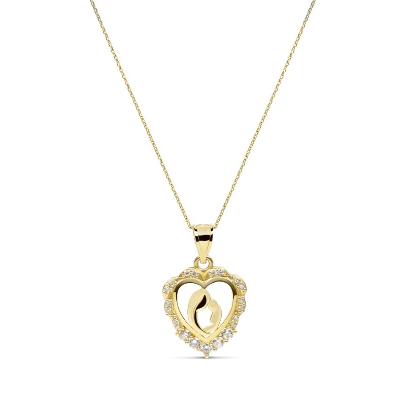 14K Gold Mother & Child Heart Pendant Necklace – White CZ (18")