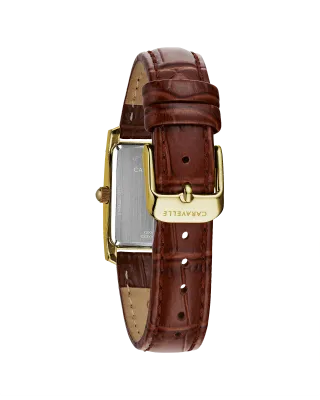 Caravelle Men's Gold-Tone Rectangular Leather Strap
