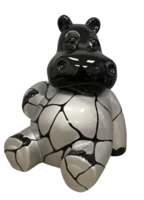 Sculpture Hippopotame Résine 100cm Statue - Noir et Argent