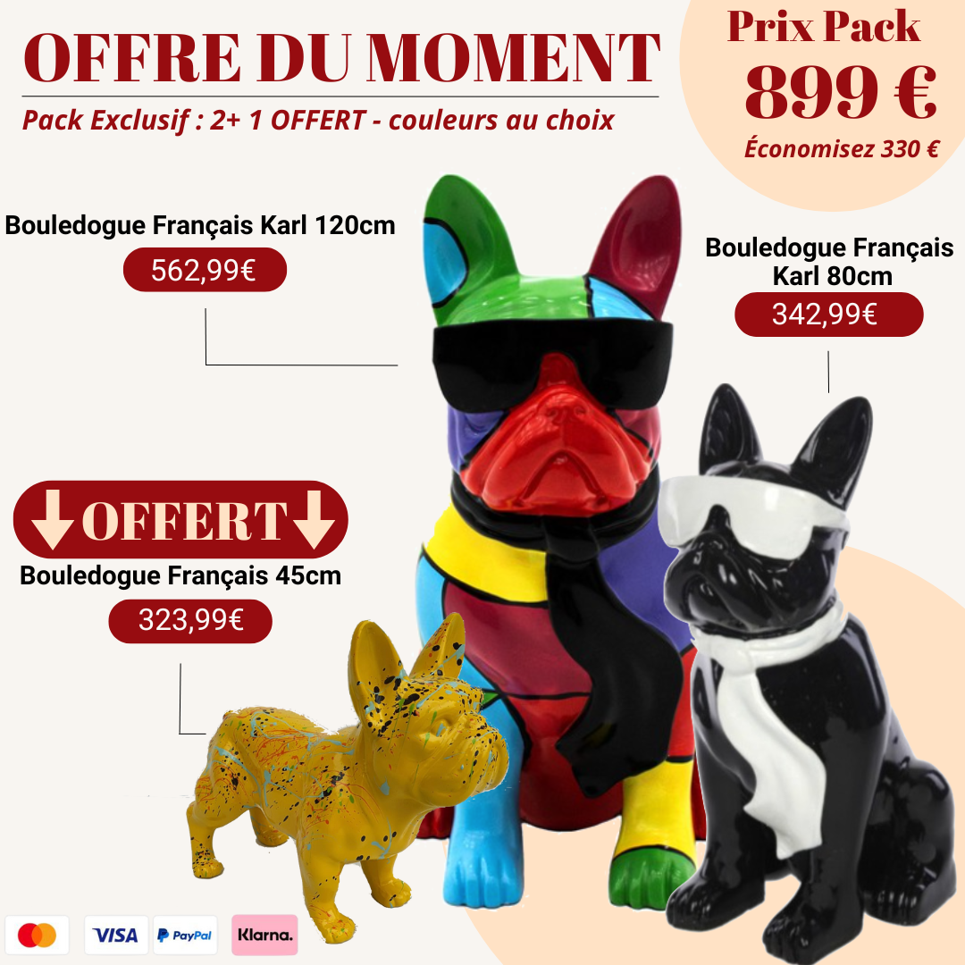 Pack Statue Animaux – 2 Bouledogues Français + Bouledogue Anglais OFFERT + Livraison Gratuite