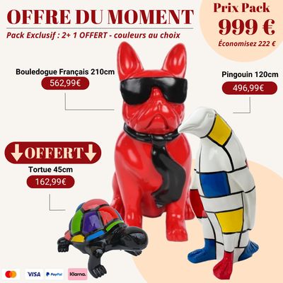 Pack Statue Animaux Design – Pingouin, Bouledogue Français & Tortue OFFERT + Livraison Gratuite