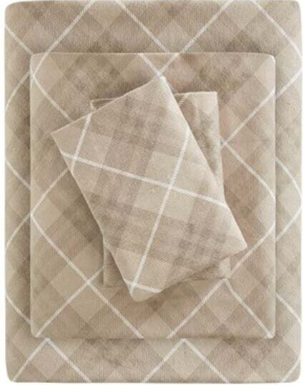 Queen 100% Cotton Flannel - Tan Plaid