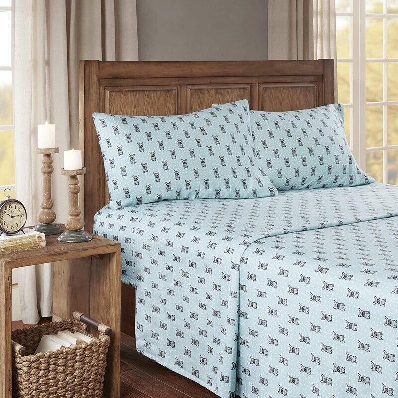 Queen 100% Cotton Flannel  - Aqua Frenchie