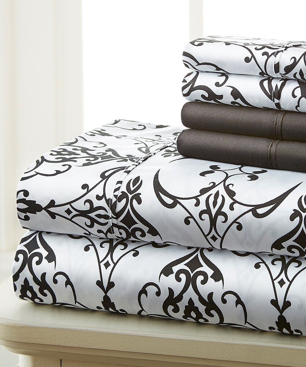 Queen 6-pc Sheet Set - Black and White Scroll