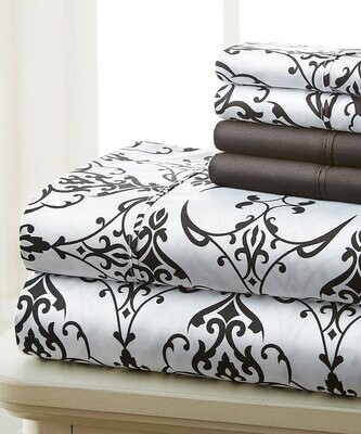 Queen 6-pc Sheet Set - Black and White Scroll