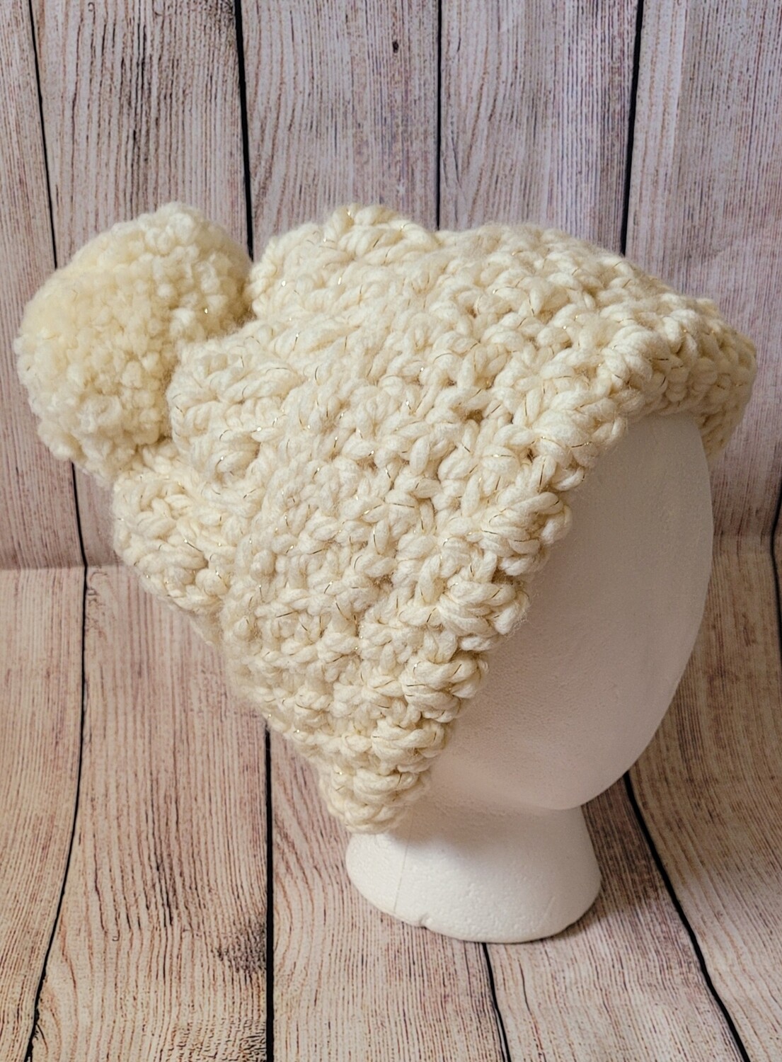 White and Gold Crochet Hat with puff
